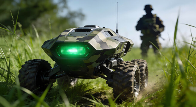 A camouflaged military unmanned ground vehicle (UGV) with a glowing green front light navigating through tall grass outdoors, with a soldier in the background, defense technology, robotic warfare