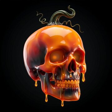 Glossy pumpkin skull sculpture with dripping honey texture isolated against dark black background