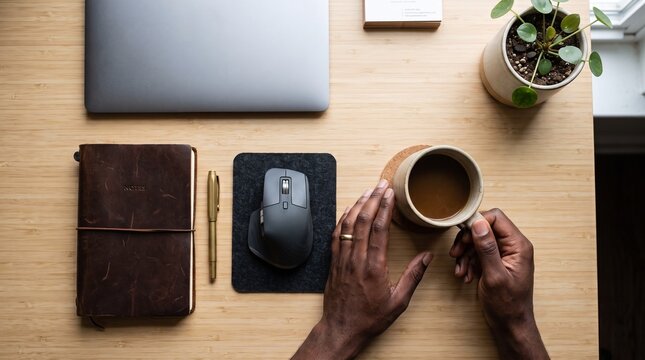 Overhead view of a Black man's hands holding a coffee mug at a wooden desk with laptop, notebook, and mouse