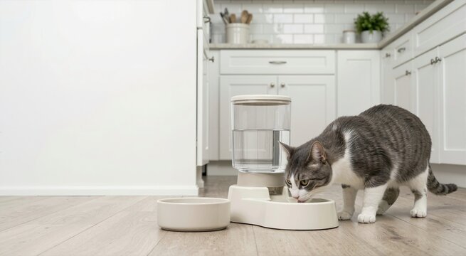 Grey and white cat drinking from an automatic gravity water dispenser. Pet hydration station in a modern white kitchen. Copy space for text