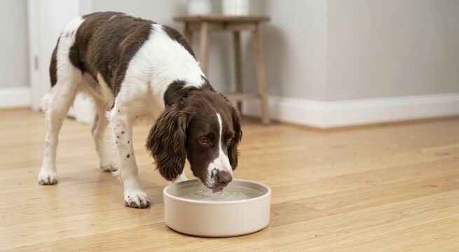 Brown and white Springer Spaniel dog drinking water from a ceramic bowl. Thirsty pet hydrating on a hardwood floor in a modern home interior