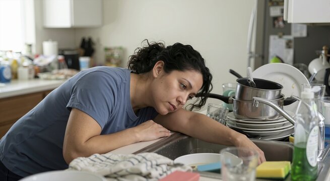 Exhausted Hispanic mother resting her head on a kitchen counter. Overwhelmed woman looking at a sink full of dirty dishes. Messy house and domestic stress concept