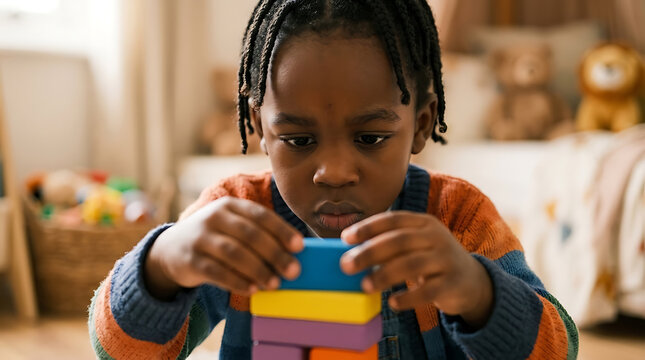 Young Black boy with braided hair intently stacking colorful wooden blocks in a bright, cozy nursery room