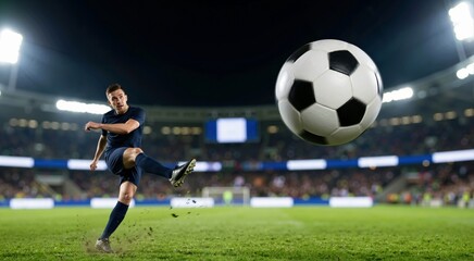 Naklejka premium Soccer player kicking a ball in a brightly lit stadium at night. Dynamic shot of a football flying through the air towards the camera. Sports action concept