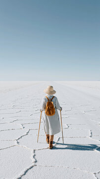 A woman walking on a vast salt flat, wearing a wide-brimmed hat and carrying a backpack.