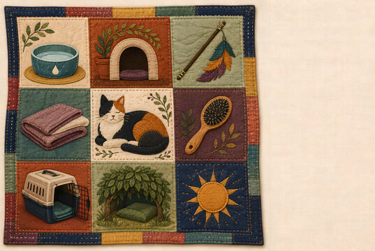 Handcrafted quilted cat tapestry with pet care icons, rustic calico cat fabric art, folk style textile illustration of feline accessories and cozy home elements