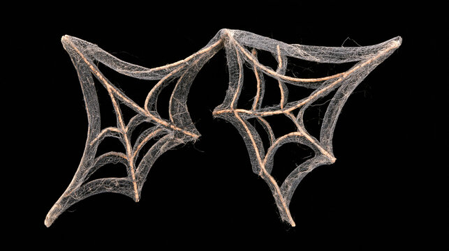 Delicate spider webs against a black background, showcasing intricate patterns.