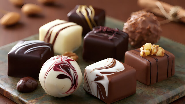 Assorted gourmet chocolate pralines and truffles with nuts and decorative designs on a wooden board. Delicious luxury sweets for dessert, celebration, or gift.