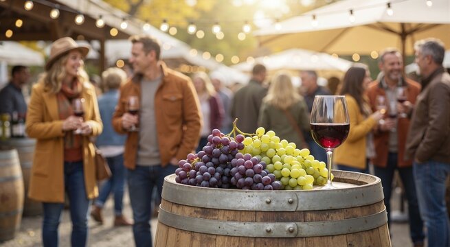 Glass of red wine and fresh grapes on a wooden barrel. Blurred background of people socializing at an outdoor wine festival