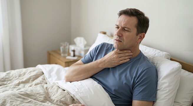 Tired man suffering from sore throat touching his neck in bed. Sick adult male feeling unwell resting at home. Healthcare and illness concept