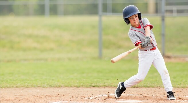 Young boy swinging a wooden baseball bat on a dirt field. Youth baseball player in uniform hitting during a game. Active kids sports and recreation