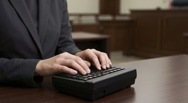 Court reporter hands typing on a stenotype machine. Close up of a stenographer working in a courtroom during a legal trial