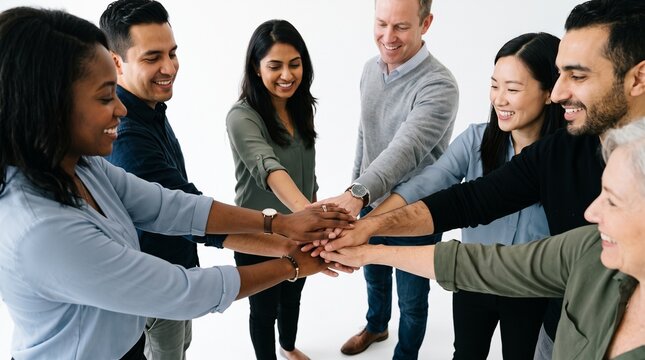 Diverse group of people joining hands in unity and teamwork