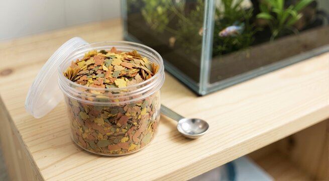 Clear plastic container of colorful fish food flakes with a measuring spoon on a wooden shelf. Pet care supplies with blurred aquarium in background