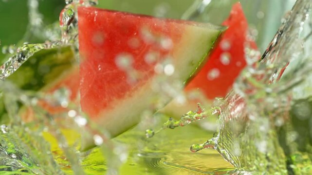Super Slow Motion Shot of Fresh Melon Falling into Water and Making Splash at 1000fps.