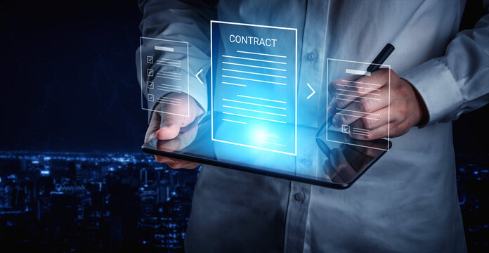 A business professional interacts with a digital tablet displaying a holographic contract, set against a vibrant cityscape at night, symbolizing modern technology in business transactions. Cyphers