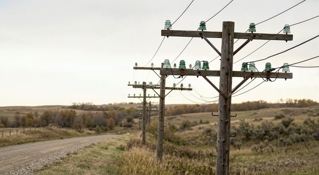 Vintage green glass insulators on wooden telephone poles along a rural dirt road. Historic telecommunications infrastructure in the countryside