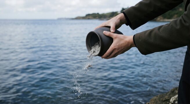 Hands scattering cremation ashes from a ceramic urn into the blue sea. Water burial and memorial ceremony at the ocean. Farewell and remembrance concept
