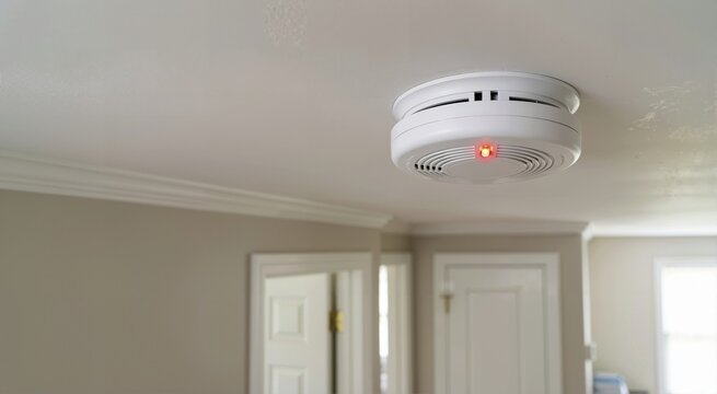 White smoke detector with an illuminated red light mounted on a ceiling. Residential fire alarm safety device in a home hallway