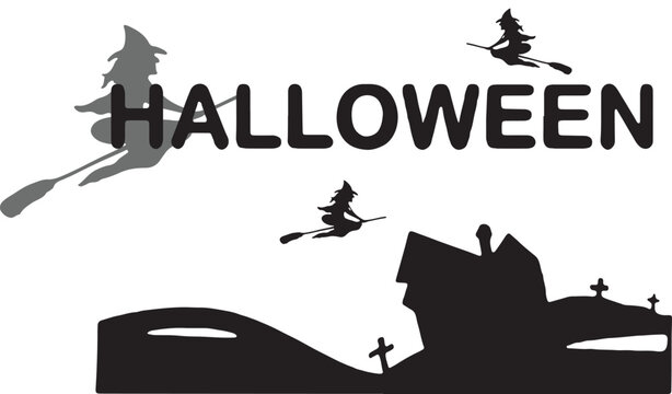 Black silhouette of halloween word with witches flying on broomsticks over a spooky house