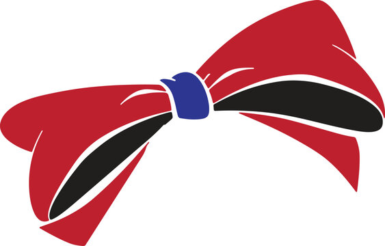 Red cartoon bow tie icon with a blue center knot isolated on a simple white background