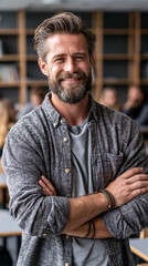 Obraz premium Man smiles in a classroom setting with other people in the background