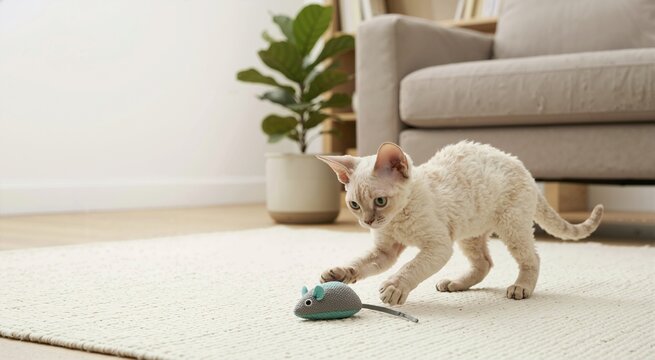 Playful Devon Rex kitten batting at a toy mouse on a rug. Active young purebred cat having fun in a modern living room