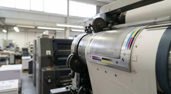 Metal printing plate with CMYK color bars and registration marks on a press cylinder. Close-up of industrial offset printing machinery. Commercial publishing and print shop production