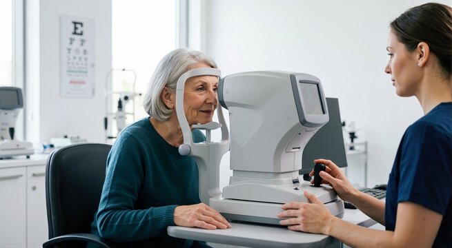 Elderly woman undergoing an eye exam with an optometrist. Senior female patient using an autorefractor machine in a modern vision clinic. Healthcare and optometry concept