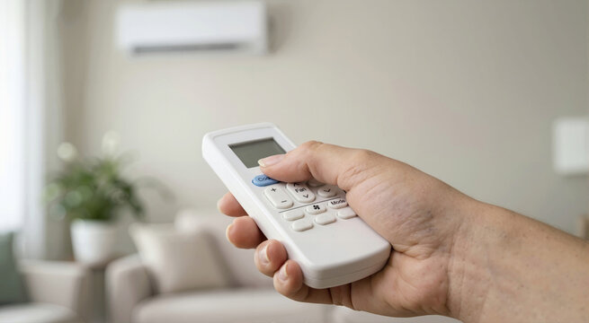 Hand pressing button on air conditioner remote controller. Relieving coolness and comfort