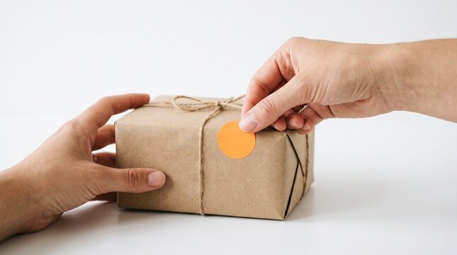 Hands applying an orange sticker to a brown paper wrapped gift box tied with twine
