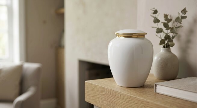 White porcelain cremation urn with a golden rim on a wooden shelf. Memorial vessel for ashes next to a vase and book in a soft home interior