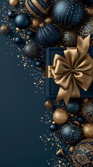 Obraz premium Luxurious blue and gold Christmas decorations with a gift box and large bow on a dark blue background.