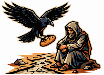 Naklejka premium Raven bringing bread to Prophet Elijah continuous line drawing. Old Testament theme. Minimalist vector illustration