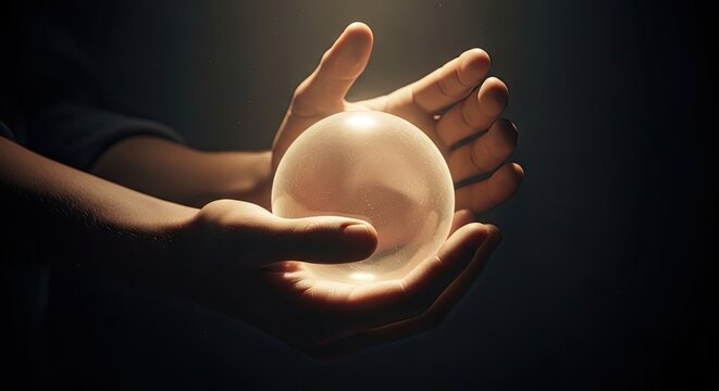 Hands reaching toward a small floating glowing orb.