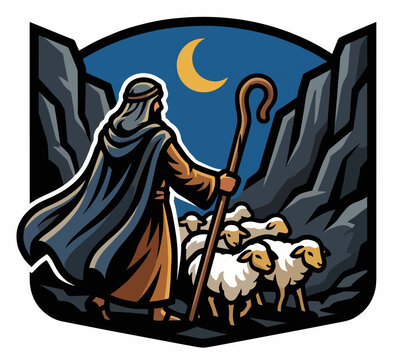 Shepherd guiding sheep through dark valley at night. Biblical parables concept. Flat design vector illustration