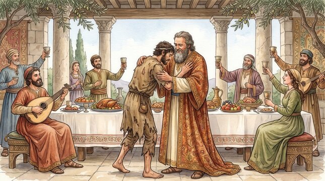 Father welcoming his poor son back with a grand feast celebration. Biblical parable of the Prodigal Son watercolor illustration. Forgiveness and family reunion