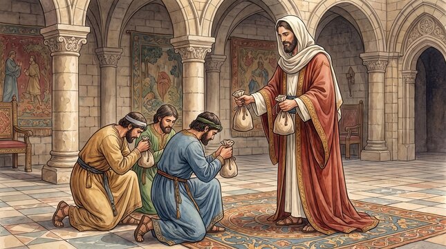 Master giving bags of silver talents to three servants. Parable of the talents watercolor illustration in a palace setting. Stewardship and responsibility concept