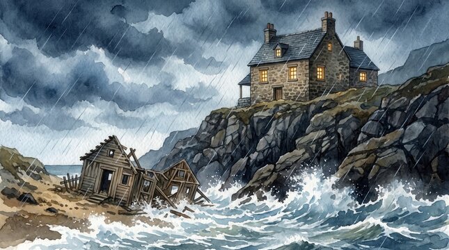Parable of the wise and foolish builders during a storm. Stone house on a cliff and wooden house on sand. Biblical watercolor illustration