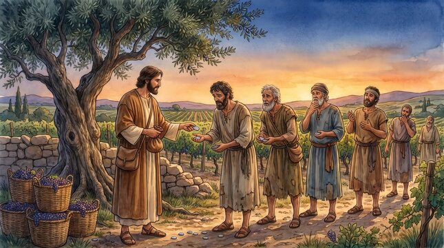 Vineyard master paying workers equal silver coins at sunset. Parable of the vineyard workers watercolor illustration. Grace and generosity concept