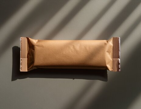 kraft paper snack bar wrapper mockup minimal neutral background natural packaging with soft shadows and clean composition