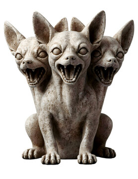 A statue of Cerberus depicted with three Chihuahua heads, on a transparent background.