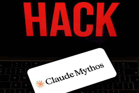 Claude Mythos logo displayed on a smartphone against a red HACK warning in an artificial intelligence cybersecurity concept. Stafford, United Kingdom, August 2, 2026.