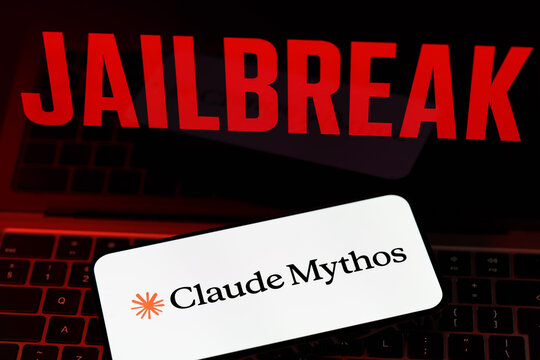 Claude Mythos logo displayed on a smartphone against a red JAILBREAK warning in an artificial intelligence safety concept. Stafford, United Kingdom, August 2, 2026.