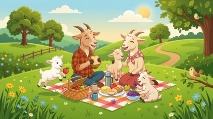 Fototapeta premium Vector illustration of a happy goat family having a picnic in a green meadow. Cartoon animals eating food on a checkered blanket. Sunny summer landscape with rolling hills