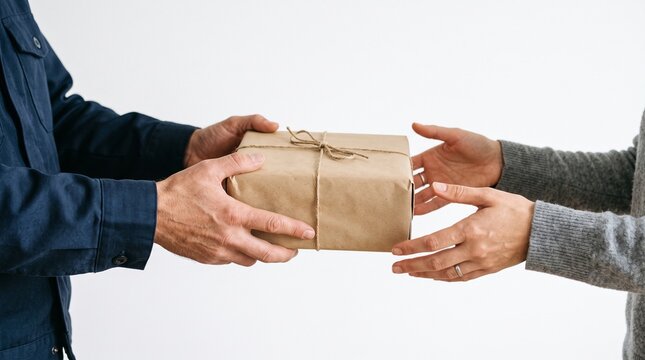 Hands exchanging a brown paper wrapped gift box tied with twine