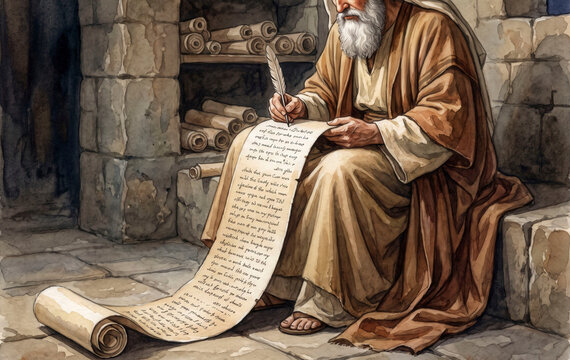 Prophet Isaiah writing on a long parchment scroll with a quill pen. Old Testament biblical prophecy watercolor illustration