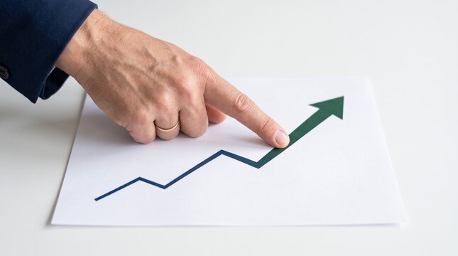 Man pointing at upward trending graph on paper symbolizing business growth and success