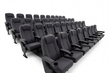 Naklejka premium Rows of dark grey ergonomic cinema seats arranged in a receding perspective over a white ground