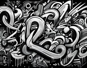 Naklejka premium black and white graffiti pattern texture background with a lot of black and white lettering